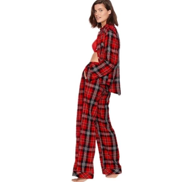 Victoria’s Secret Shimmer Cotton Flannel long sleeve pajama set Red Plaid - Picture 2 of 3